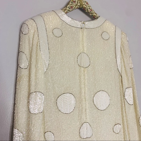 Vintage Bob Mackie Silk Beaded Geometric Long Sleeve Winter White Mini Dress 12 - Picture 9 of 14